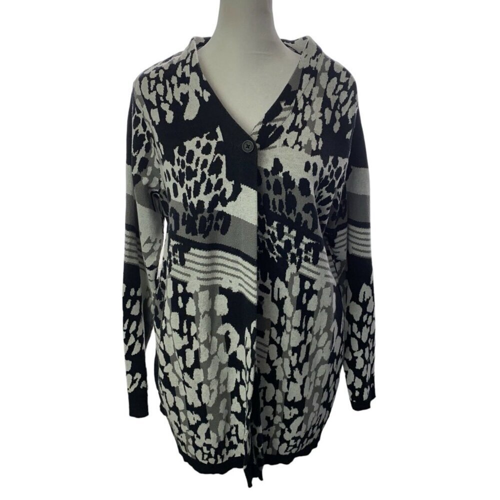 Lori Goldstein Women‎ Open Front Sweater Long Sleeve Sz L Gray Black 79-33